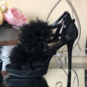 MICHAEL KORS Black Suede Feather Pom Pom Heels